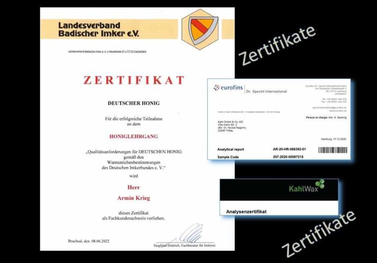 Zertifikate, Honiglerhgang, pestizidfrei, Gütesiegel